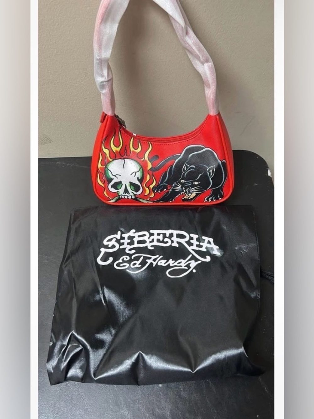 Ed Hardy Red Mini Shoulder Bag with Flaming Skull and Black Panther